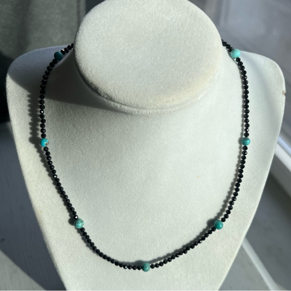 Black Spinel And Turquoise 925 Sterling Silver Necklace With Adjustable Chain - Picture 3 of 6